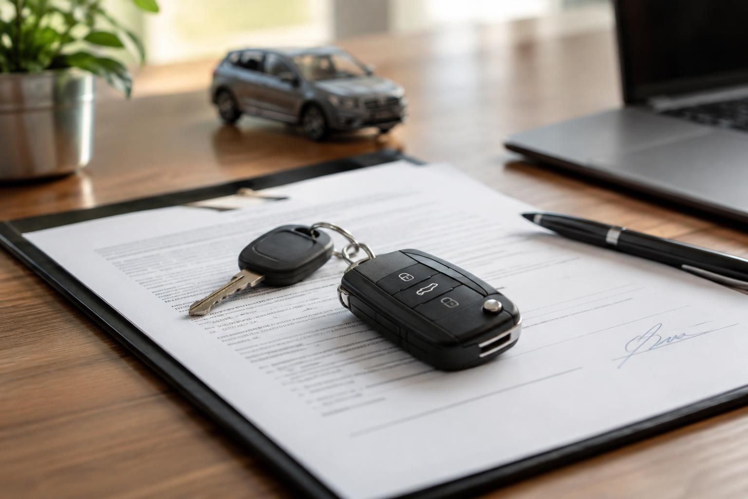 Clé de voiture posée sur un contrat de crédit auto signé, à côté d'un stylo