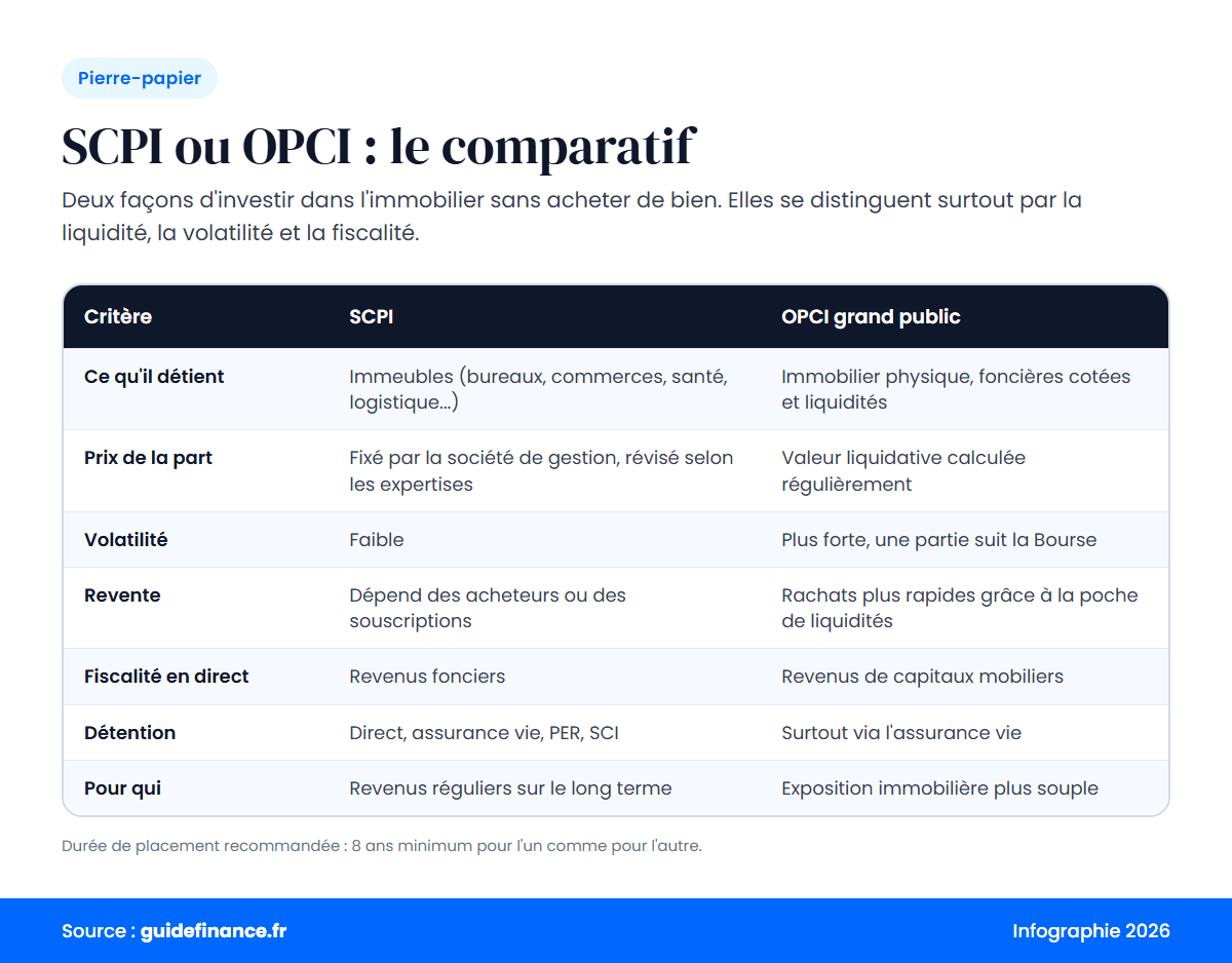 Infographie : tableau comparatif SCPI et OPCI grand public sur les actifs, le prix, la volatilité, la revente et la fiscalité