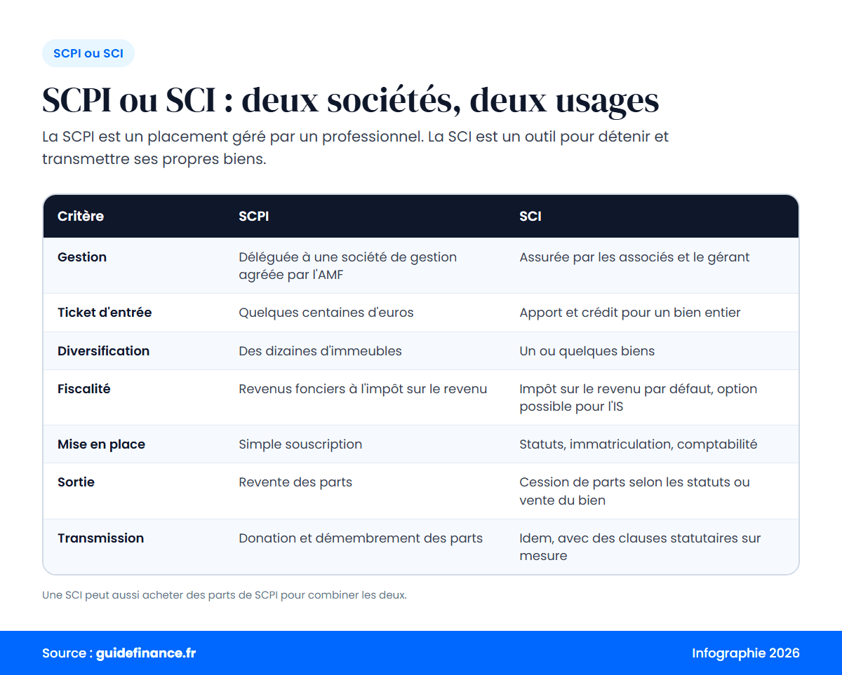 Infographie : tableau comparatif SCPI et SCI sur la gestion, le ticket d'entrée, la fiscalité, la sortie et la transmission